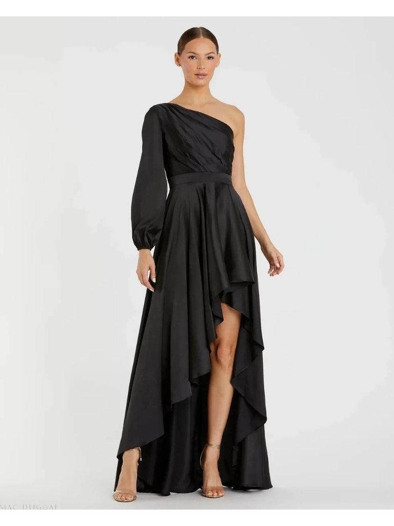 Mac Duggal Women’s Black One Shoulder Hi-Lo Flowy Dress Size 2